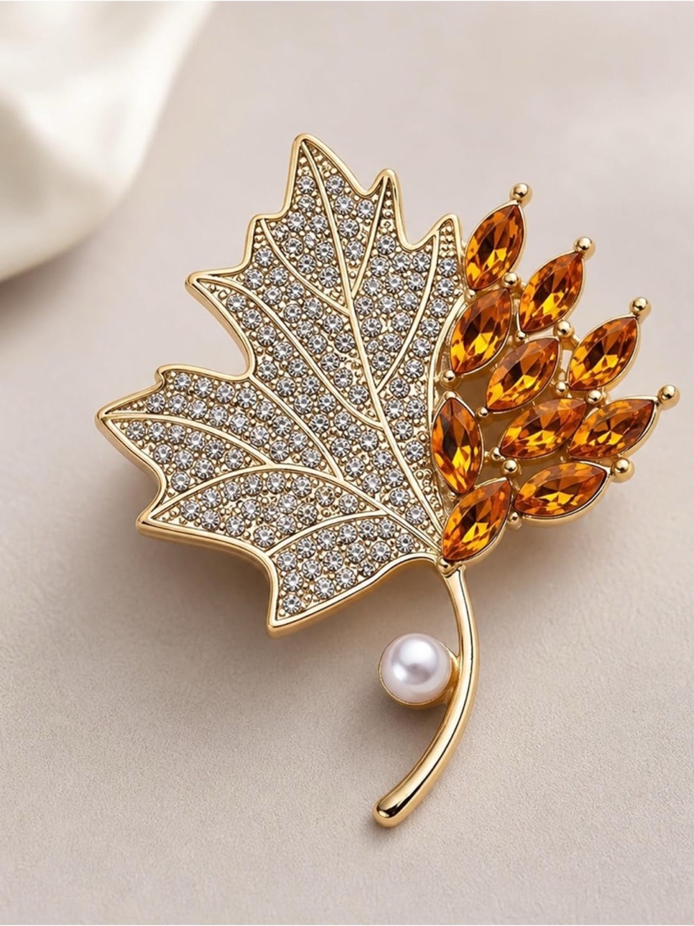 Gold Maple Leaf Brooch with Amber Stones and Pearl Accent